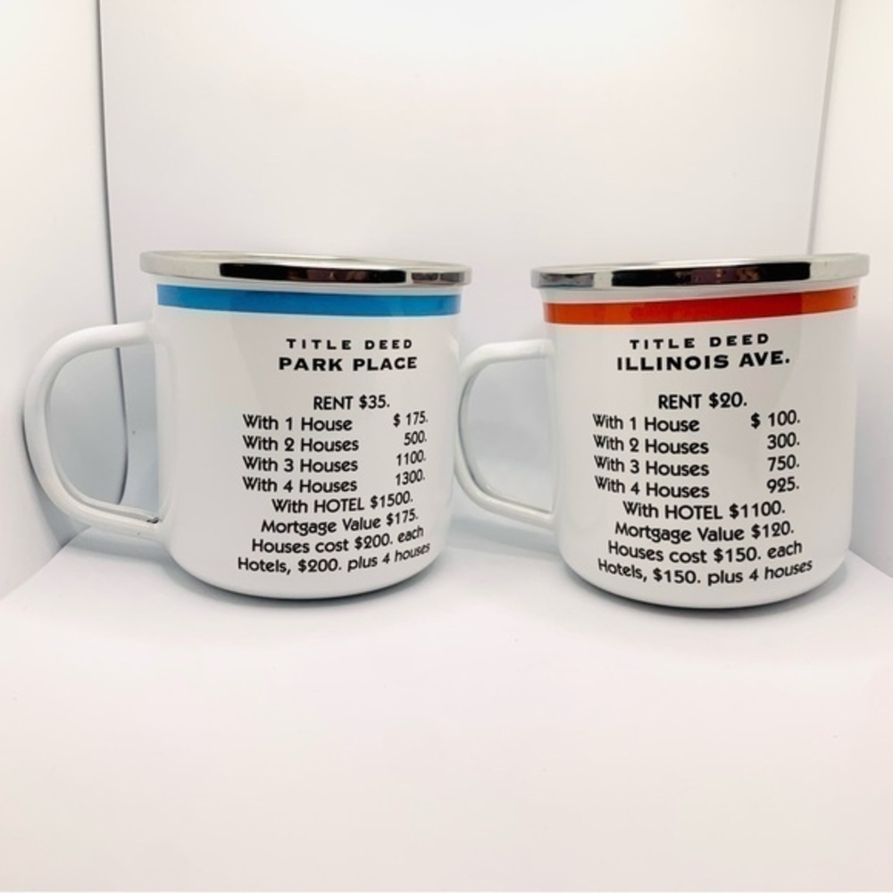 Set of Park Place & Illinois Avenue Property Monopoly Enamel Mugs Cups Hasbro